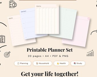 Printable Planner Set | 20 pages | Weekly planner, Habit Tracker, Mood Tracker & more | a4 Instant Download