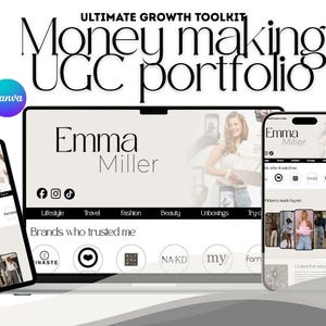 Op de afbeelding: Een digitale marketing toolkit getiteld "Money Making UGC portfolio" wordt weergegeven op een laptop, tablet en smartphone. De schermen tonen een portfolio met de naam "Emma Miller" en social media iconen. Extra elementen zijn social media iconen en het woord "NEW".