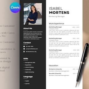 Op de afbeelding: Een professionele cv-sjabloon met foto, naam Isabel Mortens en de titel Marketing Manager. Het cv bevat secties voor werkervaring, opleiding, vaardigheden en contactgegevens. Modern ontwerp, gemakkelijk aan te passen.