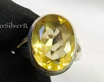 Anillo de plata de ley con cuarzo limón / Joyería artesanal bohemia hecha a mano