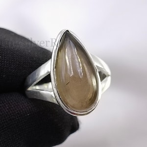 Smoky Quartz Ring, 925 Sterling Silver Ring, Teardrop Gemstone Ring, Handmade Statement Ring, Boho Vintage Jewelry, Cabochon Ring