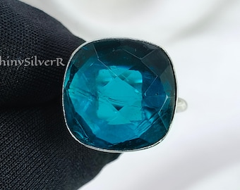London Blue Topaz Ring, 925 Sterling Silver Cushion Cut