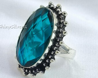 London Blue Topaz Ring, 925 Sterling Silver, Handmade Artisan Jewelry, Long Oval Ring