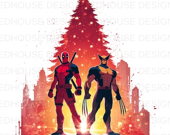 8 png-wolverine en Deadpool-kerstwaterverf: splashkunst, hoge resolutie (digitale download)