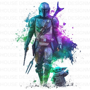 May include: A watercolour illustration depicts a Mandalorian warrior in teal and blue armour, holding a blaster and spear. A small, green-skinned creature in a grey coat stands nearby. The background features colourful paint splatters.