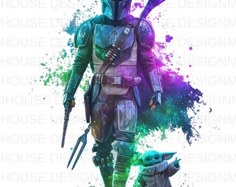 8  The Mandalorian and Baby yoda  Watercolor PNG: Splash Art, High-Resolution (Digital Download)
