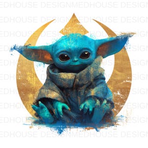 May include: A digital illustration of a blue alien-like character with large ears and eyes, wearing a dark blue robe. The character is set against a gold crescent and diamond shape, with a white background. The image has a watercolor effect.