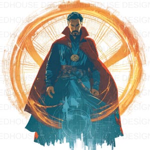 Könnte beinhalten: Illustration von Doctor Strange in einem blau-roten Kostüm mit einem goldenen Emblem auf der Brust. Er steht vor einem leuchtenden orangefarbenen kreisförmigen Design, mit einer Stadtlandschaft am unteren Rand.