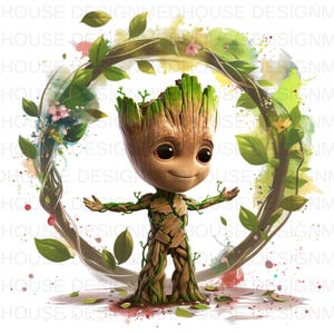 May include: A small, tree-like creature with a wooden, textured body and large dark eyes stands in the center. It is surrounded by a circular frame of brown vines, green leaves, and small pink flowers, accented by watercolor splashes.