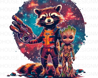 8 Rocket Raccoon and Baby Groot Watercolor PNG: Splash Art Graphics (Instant Download)
