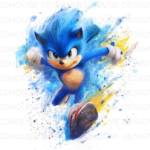 May include: A vibrant watercolor illustration of Sonic the Hedgehog in motion. The character is depicted in shades of blue, with white gloves and red-and-gray shoes. Splashes of blue, yellow, and white create a dynamic background, suggesting speed and energy.