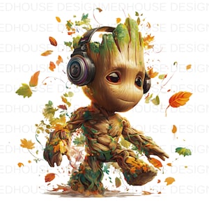 Könnte beinhalten: Digitale Illustration eines cartoonartigen, baumähnlichen Charakters mit Kopfhörern. Die Figur ist braun mit grünen und orangen Akzenten, umgeben von fallenden Blättern. Das Bild hat einen skurrilen, animierten Stil.