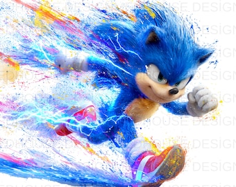 May include: A dynamic illustration of Sonic the Hedgehog in motion. The blue character is depicted running with speed lines and colorful paint splashes. His red and white shoes are visible, and the background is white.