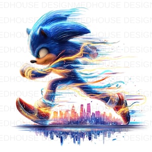Könnte beinhalten: Dynamische Illustration von Sonic dem Igel beim Laufen mit hoher Geschwindigkeit. Der blaue Igel wird mit Bewegungslinien und Energieeffekten dargestellt, mit einer Stadtlandschaft am unteren Rand. Das Bild hat eine lebendige Farbpalette aus Blau-, Gelb- und Orangetönen.