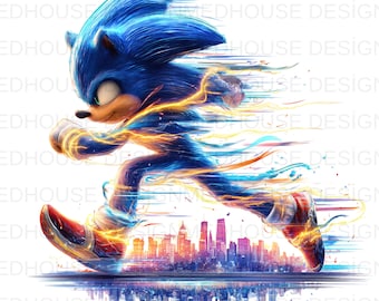 May include: A dynamic illustration of Sonic the Hedgehog running at high speed. The blue hedgehog is depicted with motion lines and energy effects, with a cityscape at the bottom. The image has a vibrant colour palette of blues, yellows, and oranges.