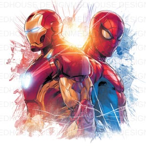 May include: Illustration of Iron Man and Spider-Man standing back-to-back. Iron Man is in a red and gold suit with a glowing blue light in his eyes. Spider-Man is in a red and blue suit. The background has red and blue splashes.
