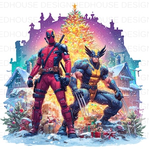Puede incluir: Ilustración digital de Deadpool y Wolverine frente a un árbol de Navidad y un pueblo nevado. Deadpool viste un traje rojo y negro, y Wolverine uno azul y amarillo. Hay regalos en la parte inferior.