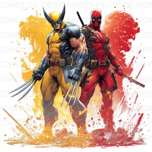 May include: Illustration of Wolverine in a yellow and blue costume with metal claws, standing next to Deadpool in a red and black suit. The background features yellow and red splashes.
