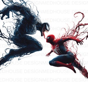 May include: Digital illustration of a battle scene featuring Venom and Spider-Man. Venom is a dark, shadowy figure with a large mouth and long tongue. Spider-Man is in a red and blue suit, with a white spider emblem on his chest.