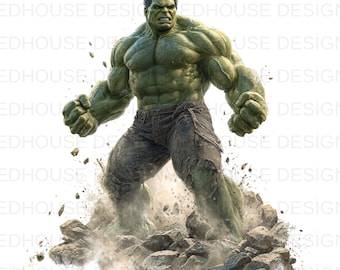 May include: A digital illustration of the Hulk, a green-skinned superhero, standing on a pile of rocks. He is wearing dark gray pants and has a determined expression. The image is set against a white background.