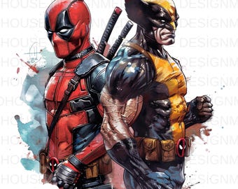 8 PNG Wolverine And Deadpool lWatercolor : Splash Art, High-Resolution (Digital Download)