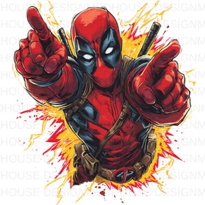May include: A vibrant illustration of Deadpool, the Marvel Comics character, pointing forward with both hands. He is clad in his signature red and black suit, with a yellow and red burst effect behind him. Two katanas are visible on his back.