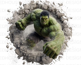 May include: A green-skinned Hulk figure bursts through a gray stone wall, fists clenched. The Hulk is muscular, with a stern expression and dark hair. The image is a dynamic illustration with a white background.