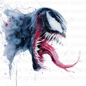 May include: Watercolor illustration of a Venom character's head. The artwork features a black and blue color scheme with red accents in the mouth and tongue. The image has a splattered paint effect.