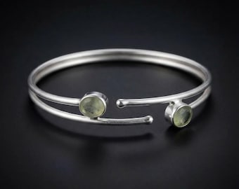 Natural Prehnite Sterling Silver Open Cuff Bracelet – Minimalist Boho Bangle