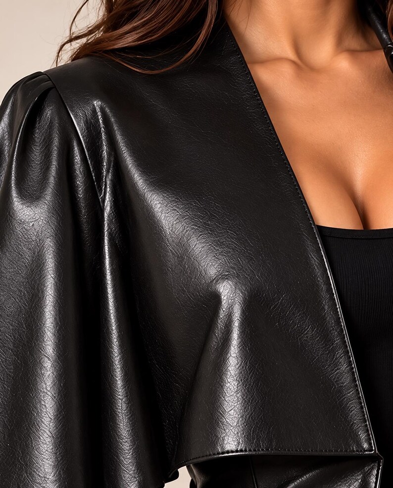 Black Genuine Leather Cape Jacket | Asymmetric Draped Outerwear with Fitted Sleeves image 6