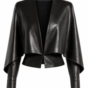 A black leather cropped jacket with draped short sleeves and fitted lower sleeves displayed against a plain background.