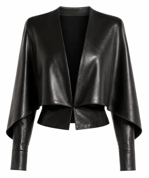 Black Genuine Leather Cape Jacket | Asymmetric Draped Outerwear with Fitted Sleeves
