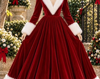 Vestido de gala de Papá Noel de terciopelo rojo, ribete de piel sintética blanca, disfraz navideño (con gorro)