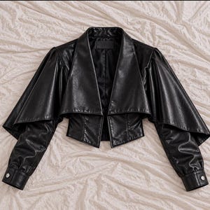 Black Genuine Leather Cape Jacket | Asymmetric Draped Outerwear with Fitted Sleeves image 1