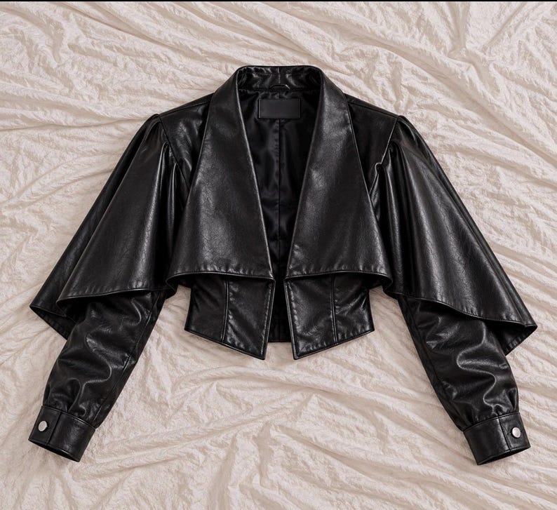Black Genuine Leather Cape Jacket | Asymmetric Draped Outerwear with Fitted Sleeves image 1