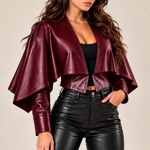 Black Genuine Leather Cape Jacket | Asymmetric Draped Outerwear with Fitted Sleeves Red