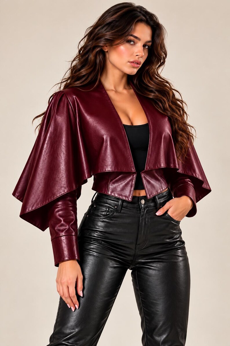 Black Genuine Leather Cape Jacket | Asymmetric Draped Outerwear with Fitted Sleeves Red