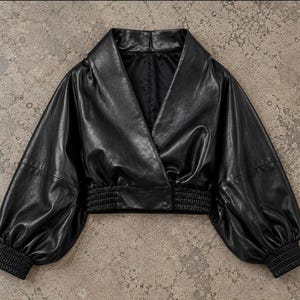 Women's Black Genuine Leather Cropped Wrap Jacket with Shawl Collar and Balloon Sleeves