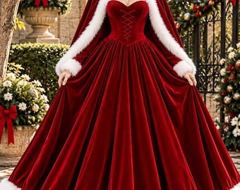 Vestido navideño con capucha de terciopelo rojo, ribete de piel sintética y corsé con cordones.
