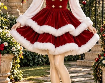 Vestido navideño de terciopelo rojo, vestido de fiesta de Papá Noel para mujer con ribete de piel sintética blanca.