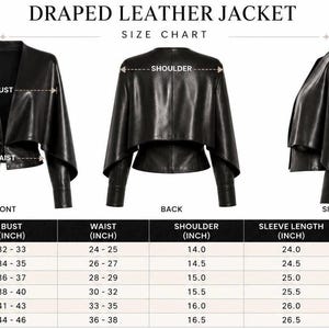 A size chart showing front, back, and side views of a black leather jacket with corresponding measurement tables for sizes XS through XXL.