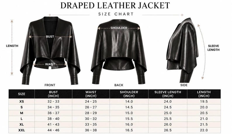 A size chart showing front, back, and side views of a black leather jacket with corresponding measurement tables for sizes XS through XXL.