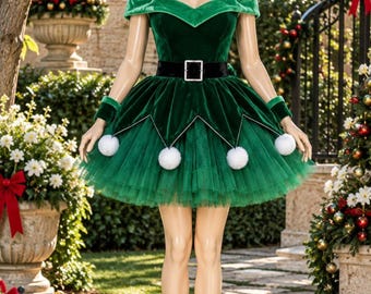 Vestido de elfo de terciopelo verde esmeralda, gorro de Papá Noel, disfraz navideño
