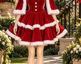 Vestido de Papá Noel de terciopelo rojo con ribete de piel sintética, capa con capucha, disfraz de Navidad