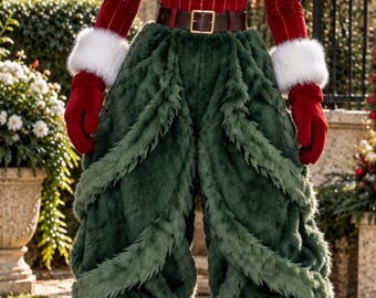 Disfraz de elfa navideña para mujer, top de terciopelo rojo, pantalones de piel sintética verde, conjunto navideño.