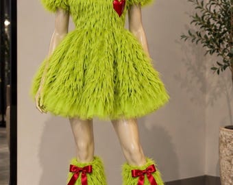 Vestido de piel sintética verde lima inspirado en el Grinch, disfraz festivo para las fiestas con accesorios.