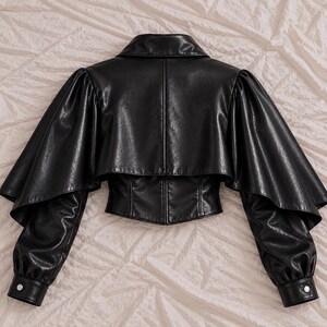 Black Genuine Leather Cape Jacket | Asymmetric Draped Outerwear with Fitted Sleeves image 2