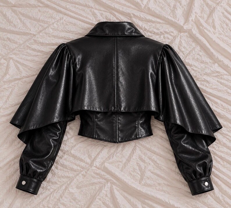 Black Genuine Leather Cape Jacket | Asymmetric Draped Outerwear with Fitted Sleeves image 2