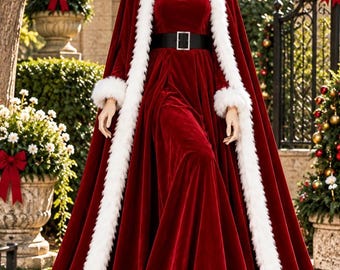 Vestido capa navideño de terciopelo rojo, ribete de piel sintética, vestido de Papá Noel con capucha