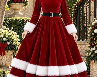 Vestido navideño de terciopelo rojo, ribete de piel sintética blanca, vestido de Papá Noel de manga larga